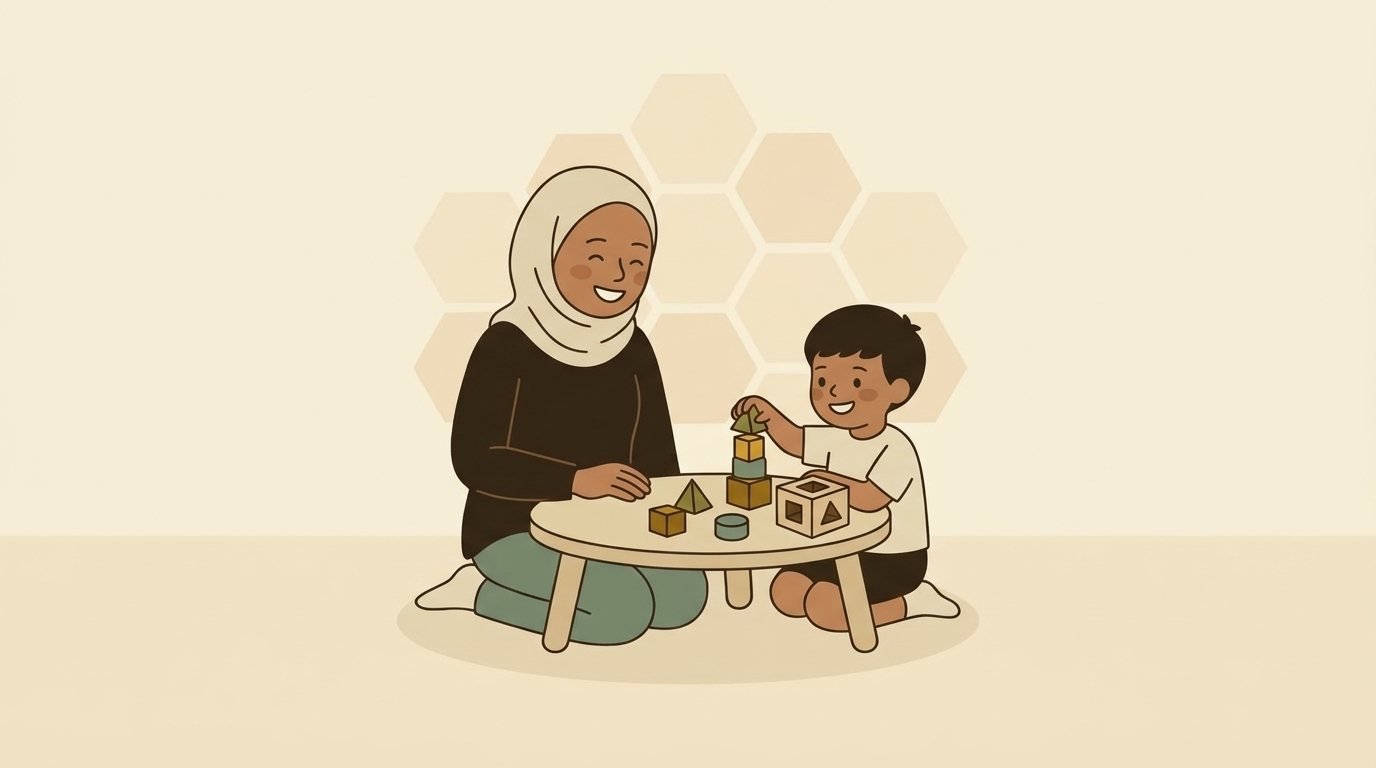 A therapist and a young child sitting at a low table, stacking wooden blocks together.