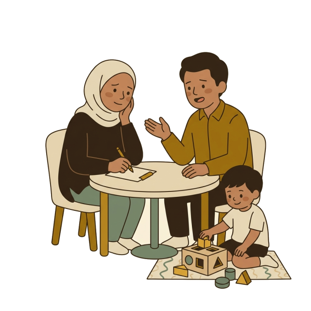 A parent and a therapist talking across a small table while a child plays beside them.