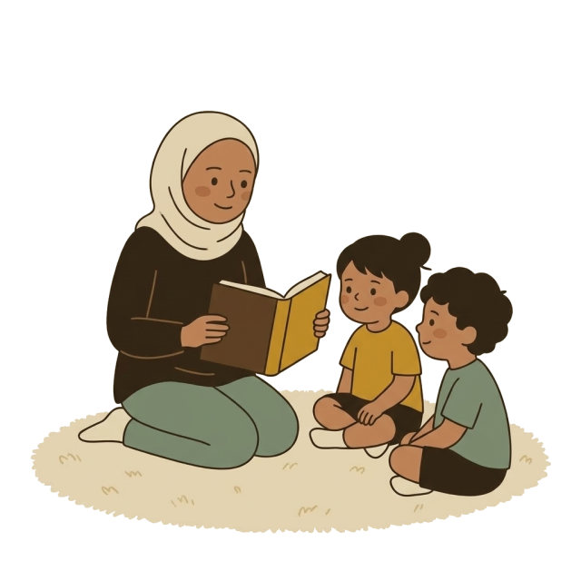 An adult reading a picture book to two young children sitting on a rug.