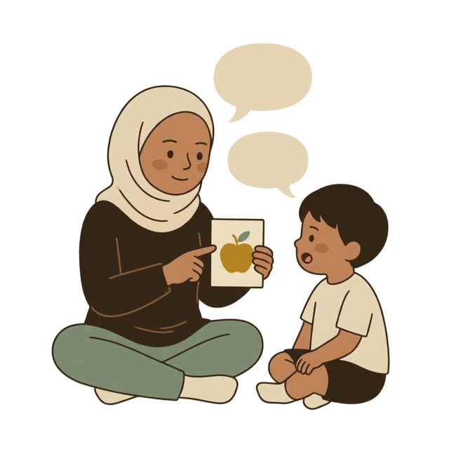 A therapist holding a picture card while a child speaks, with two speech bubbles above them.